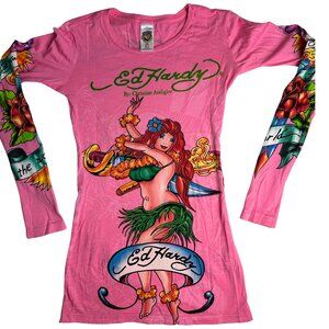 Ed Hardy by Christian Audigier Pink Long Sleeve Vintage Y2K Shirt XS